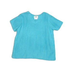 FLAX Tiffany Blue 100% Linen V-Neck Short Sleeve Blouse Top Small